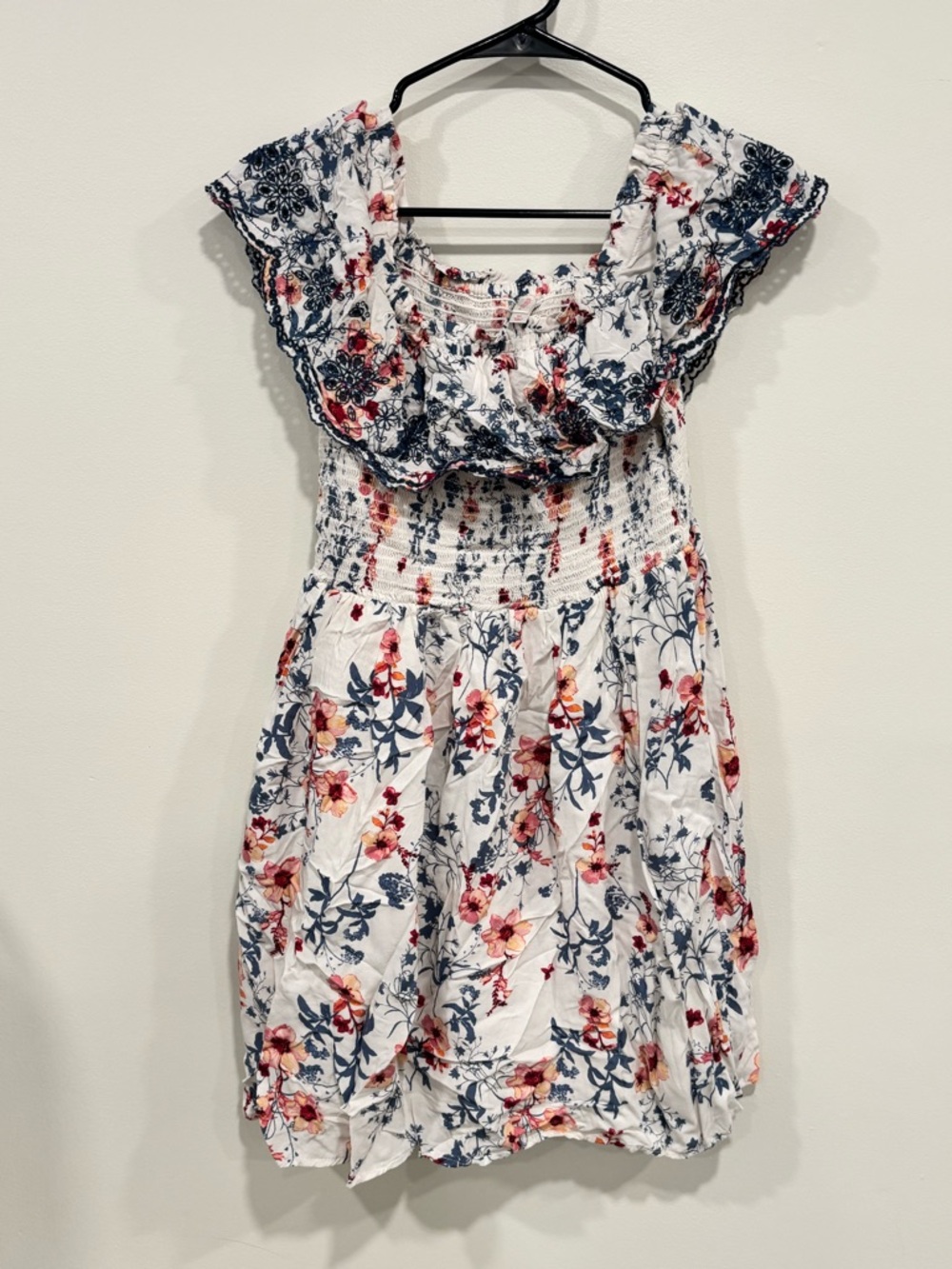 Xhilaration White Floral Smocked Dress with Blue & Pink Blooms